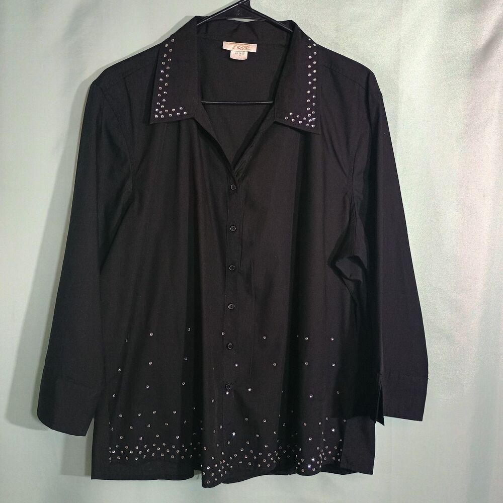 Black Studded Button Down Blouse Women Long Sleeve Rhinestone Collar shirt